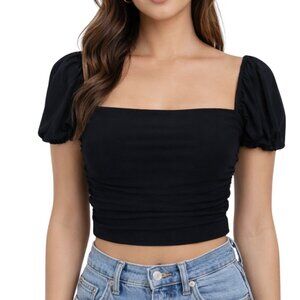 White Fox Boutique Black Mesh Ruched Crop Top - Small - Short Puff Sleeve